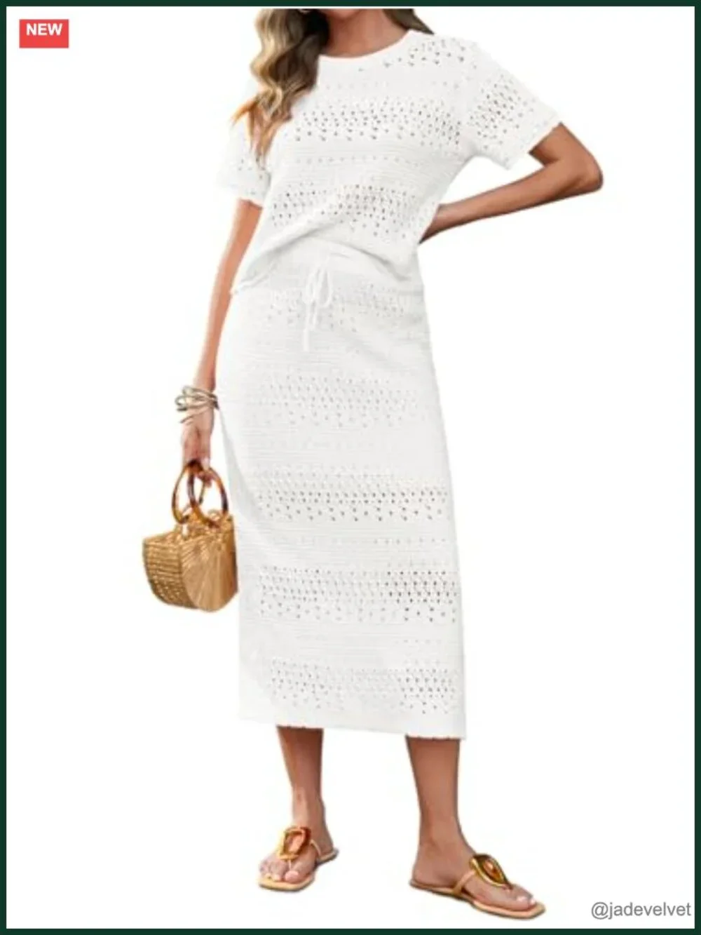 Crochet 2 Piece Skirt Set Short Sleeve Top Midi Skirt Vacation Outfit